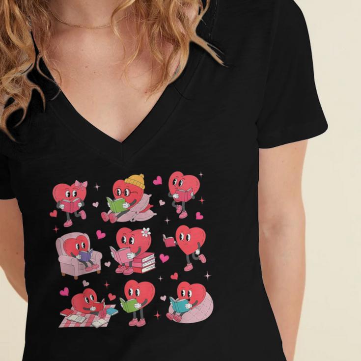 Hearts Reading Book Lovers All Booked For Valentine Women's Jersey Short Sleeve Deep V-Neck Tshirt Hearts Reading Book Lovers All Booked For Valentine Women's Jersey Short Sleeve Deep V-Neck Tshirt