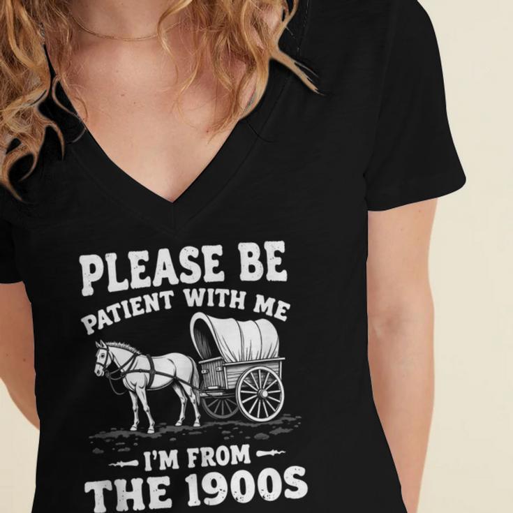 Heartwarming Wagon Please Be Patient I'm From The 1900s Women's Jersey Short Sleeve Deep V-Neck Tshirt Heartwarming Wagon Please Be Patient I'm From The 1900s Women's Jersey Short Sleeve Deep V-Neck Tshirt