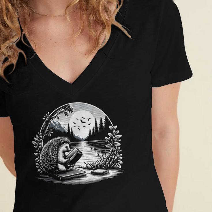 Hedgehog Reading Book Full Moon Lake Scenery Women's Jersey Short Sleeve Deep V-Neck Tshirt