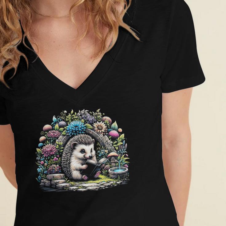 Hedgehog Reading Book Lake Scenery Reading Women's Jersey Short Sleeve Deep V-Neck Tshirt