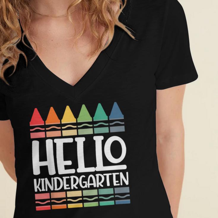Hello Kindergarten First Day Back To School Graduation Women's Jersey Short Sleeve Deep V-Neck Tshirt