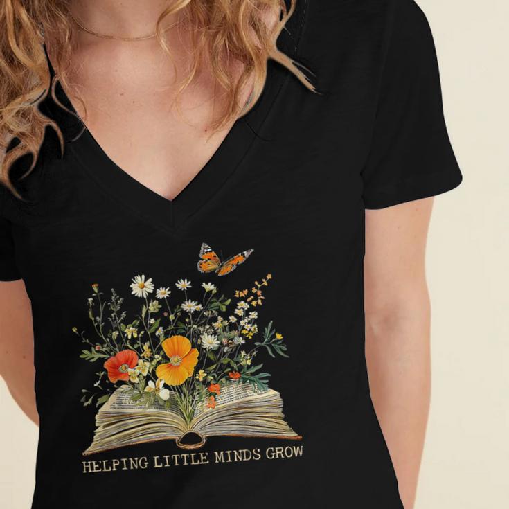 Helping Little Minds Grow Floral Book Education SPED Teacher Women's Jersey Short Sleeve Deep V-Neck Tshirt