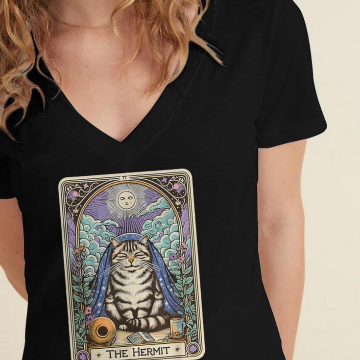 The Hermit Cat Tarot Card Introvert By Georgi Women's Jersey Short Sleeve Deep V-Neck Tshirt The Hermit Cat Tarot Card Introvert By Georgi Women's Jersey Short Sleeve Deep V-Neck Tshirt