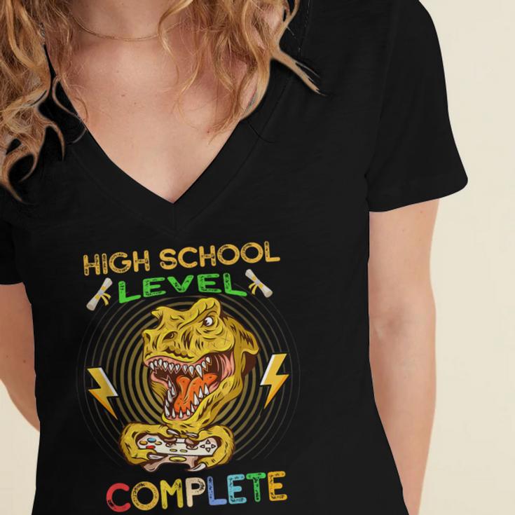 High School Level Complete Gamer Graduation Dinosaur 2021 Women's Jersey Short Sleeve Deep V-Neck Tshirt
