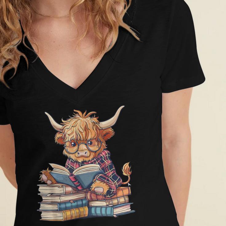 Highland Cow Reading Book Librarian Library Women's Jersey Short Sleeve Deep V-Neck Tshirt