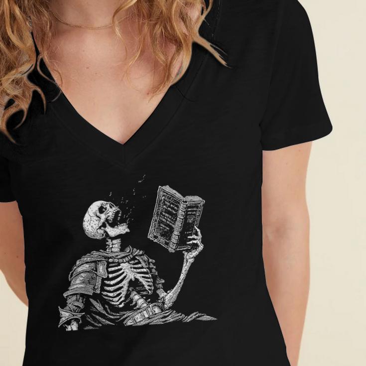 Hilarious Skeleton Holding a Book And Laughing Gothic Women's Jersey Short Sleeve Deep V-Neck Tshirt