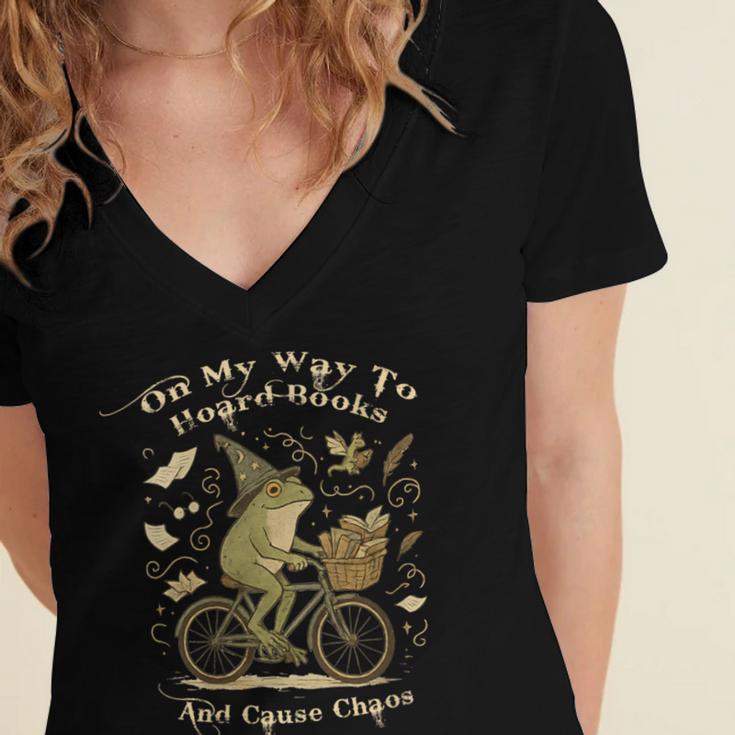On My Way To Hoard Books And Cause Chaos Tom Foolery Frog Women's Jersey Short Sleeve Deep V-Neck Tshirt