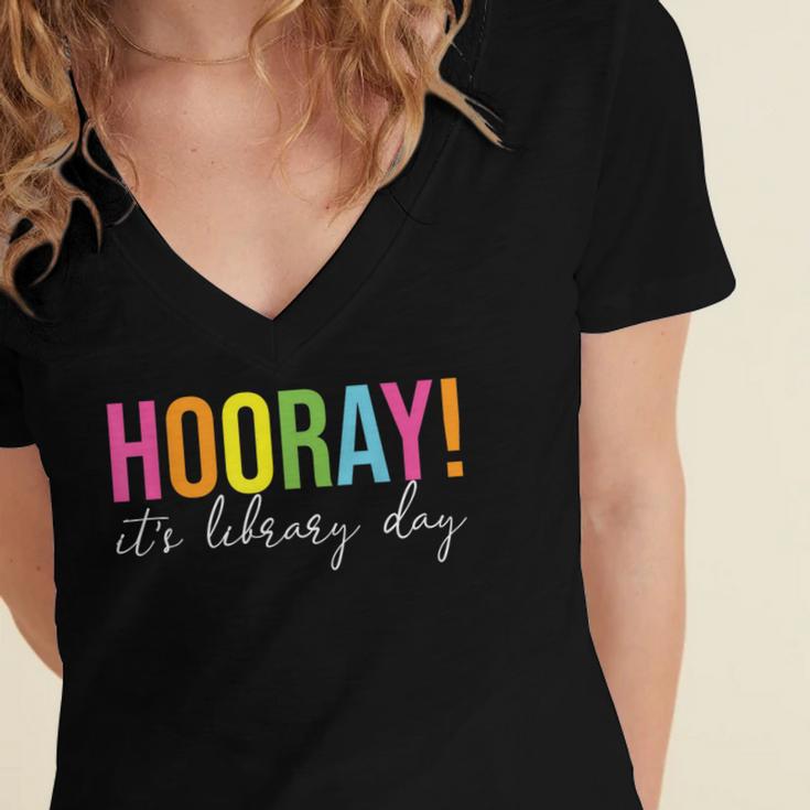 Hooray It's Library Day Teacher Reader Books Back To School Women's Jersey Short Sleeve Deep V-Neck Tshirt