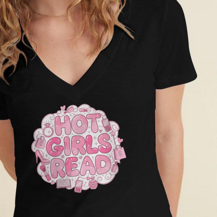 Hot Girls Read Pink Aesthetic Book Lover Reading Women's Jersey Short Sleeve Deep V-Neck Tshirt
