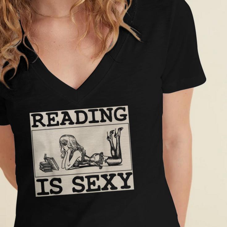 Hot Pin Up Girl Comic Book Vintage Reading Is Sexy Women's Jersey Short Sleeve Deep V-Neck Tshirt