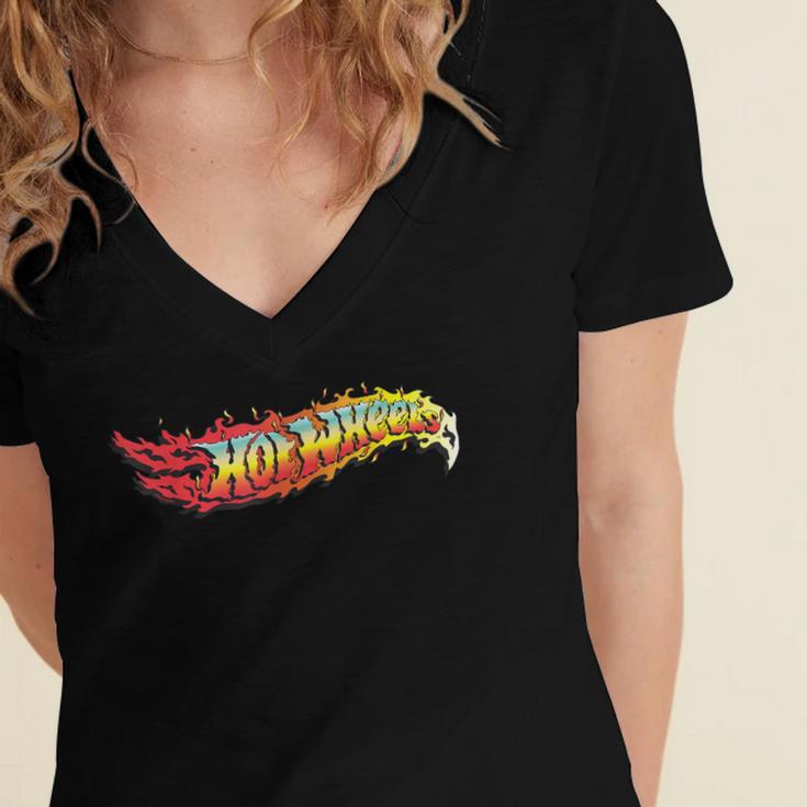 Hot Wheels Comic Book Fire Logo Women's Jersey Short Sleeve Deep V-Neck Tshirt Hot Wheels Comic Book Fire Logo Women's Jersey Short Sleeve Deep V-Neck Tshirt