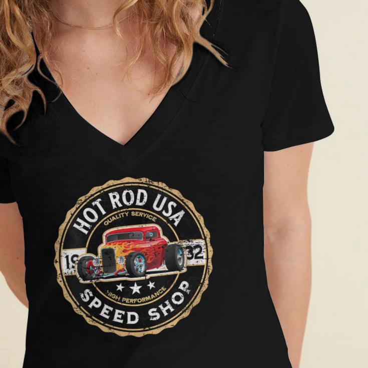 Hotrod Custom Car Automotive Nostalgia Distressed Women's Jersey Short Sleeve Deep V-Neck Tshirt