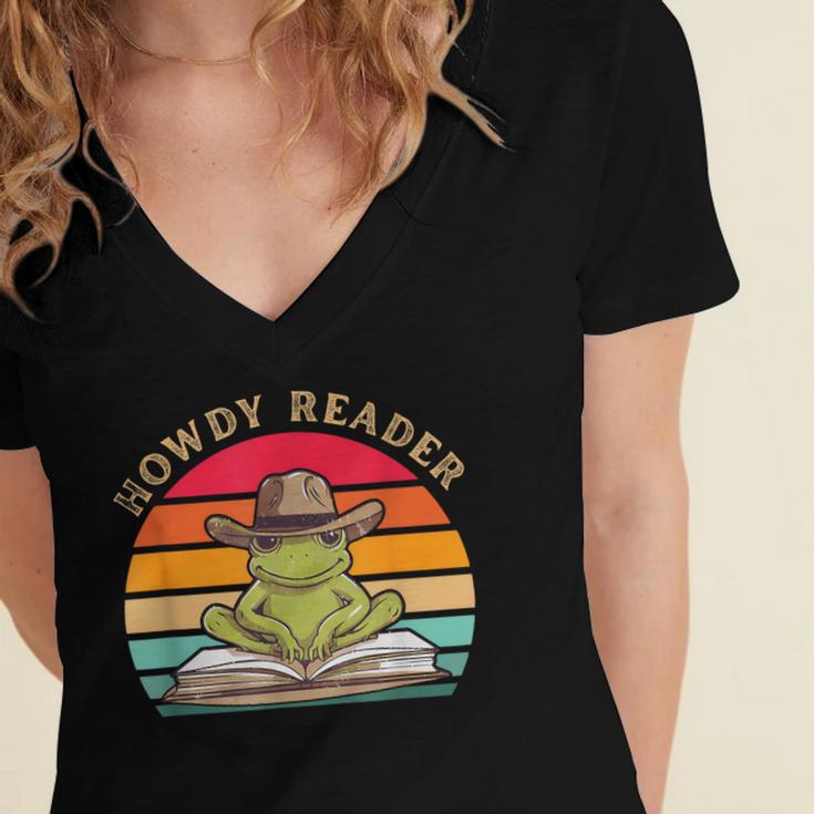 Howdy Reader Frog Reading Book Vintage Women's Jersey Short Sleeve Deep V-Neck Tshirt
