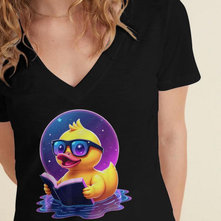 Humor Rubber Duck Reading Book Women's Jersey Short Sleeve Deep V-Neck Tshirt