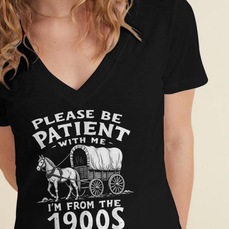 Humorous Wagon Plea Please Be Patient I'm From The 1900s Women's Jersey Short Sleeve Deep V-Neck Tshirt Humorous Wagon Plea Please Be Patient I'm From The 1900s Women's Jersey Short Sleeve Deep V-Neck Tshirt