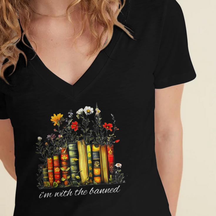 I'm With The Banned Banned Books Colorful Literary Fr Women's Jersey Short Sleeve Deep V-Neck Tshirt