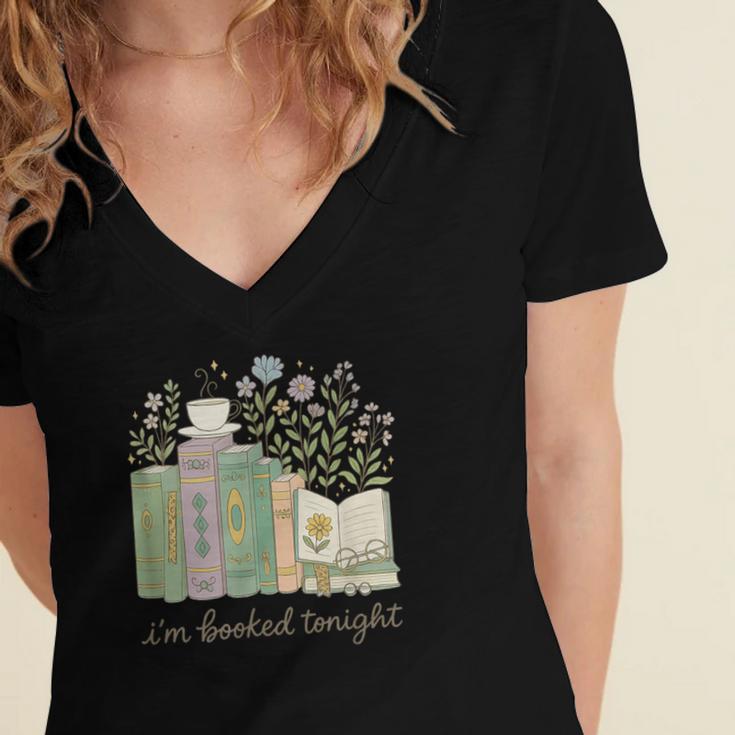 I'm Booked Tonight Cozy Floral Book Lover Graphic Women's Jersey Short Sleeve Deep V-Neck Tshirt