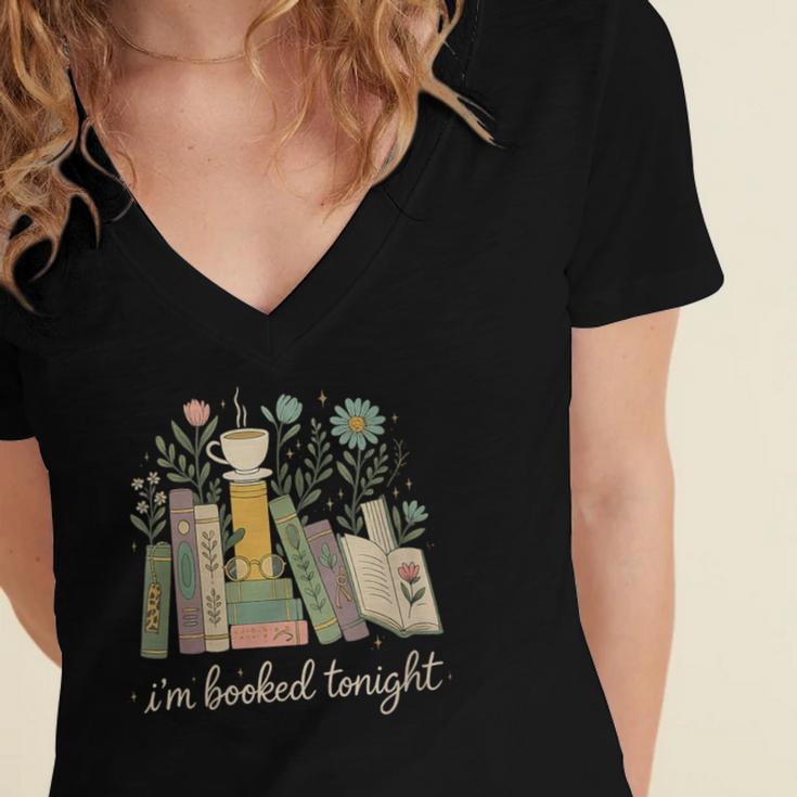 I'm Booked Tonight Floral Books Cozy Reading Graphic Women's Jersey Short Sleeve Deep V-Neck Tshirt