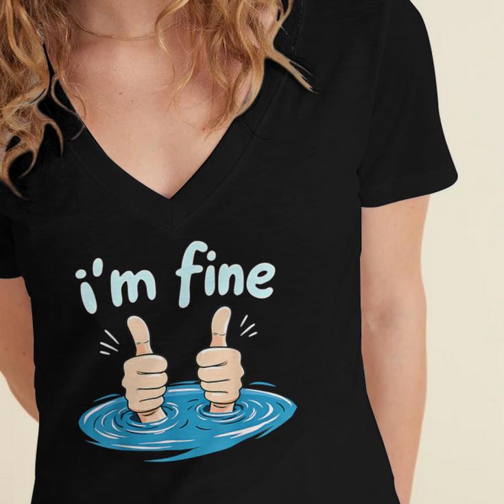 I'm Fine Drowning Thumbs Up Introvert Meme Humor Women's Jersey Short Sleeve Deep V-Neck Tshirt