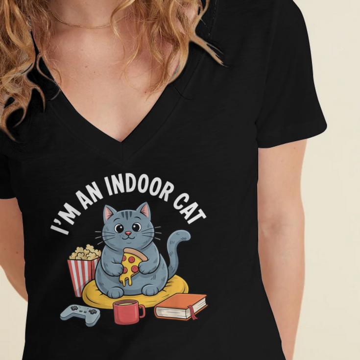 I'm An Indoor Cat Introvert Pizza Popcorn Book Gamer Cat Women's Jersey Short Sleeve Deep V-Neck Tshirt