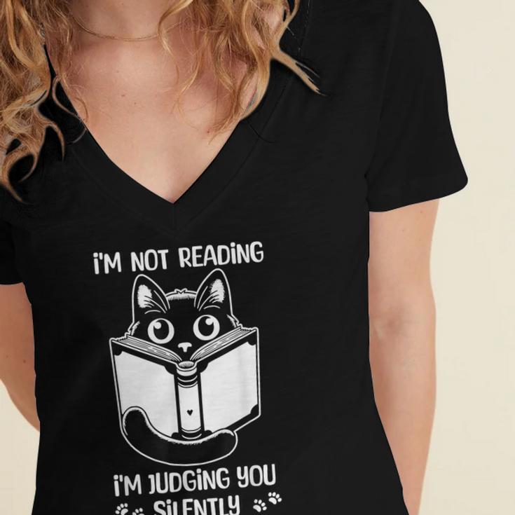 I’m Not Reading I’m Judging You Silently Fun Cat Book Lover Women's Jersey Short Sleeve Deep V-Neck Tshirt I’m Not Reading I’m Judging You Silently Fun Cat Book Lover Women's Jersey Short Sleeve Deep V-Neck Tshirt