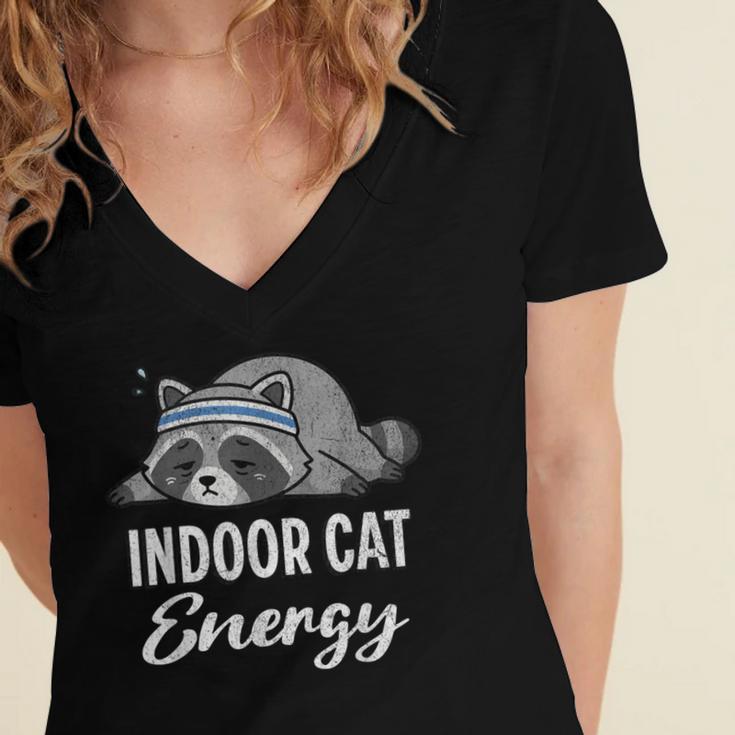 Indoor Cat Energy Raccoon Introvert Anti Social Mascot Women's Jersey Short Sleeve Deep V-Neck Tshirt