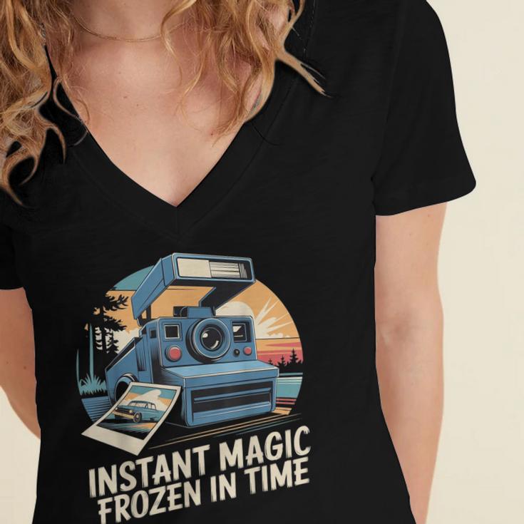 Instant Magic Frozen In Time Retro Camera Nostalgia Women's Jersey Short Sleeve Deep V-Neck Tshirt