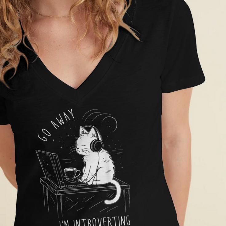 Introvert Cat With Coffee On Computer Antisocial Emo Goth Women's Jersey Short Sleeve Deep V-Neck Tshirt Introvert Cat With Coffee On Computer Antisocial Emo Goth Women's Jersey Short Sleeve Deep V-Neck Tshirt