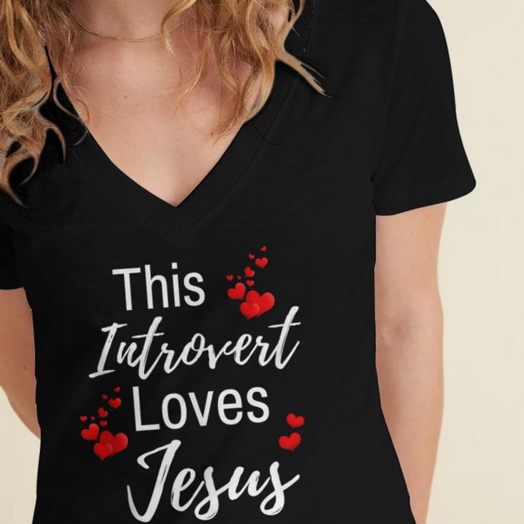 This Introvert Loves Jesus Religious Red Hearts Graphic Women's Jersey Short Sleeve Deep V-Neck Tshirt