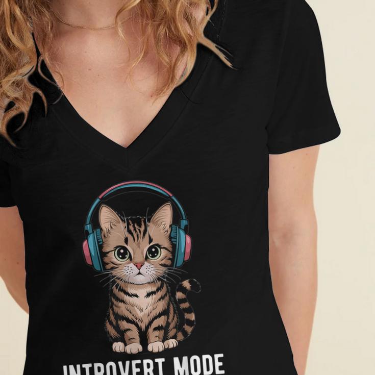 Introvert Mode Cat With Headphones Kitten Lover Women's Jersey Short Sleeve Deep V-Neck Tshirt