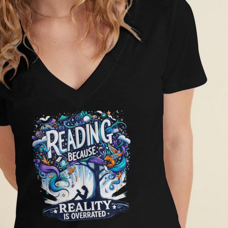 Introvert Reader Bibliofile Bookworm Loves Books Women's Jersey Short Sleeve Deep V-Neck Tshirt