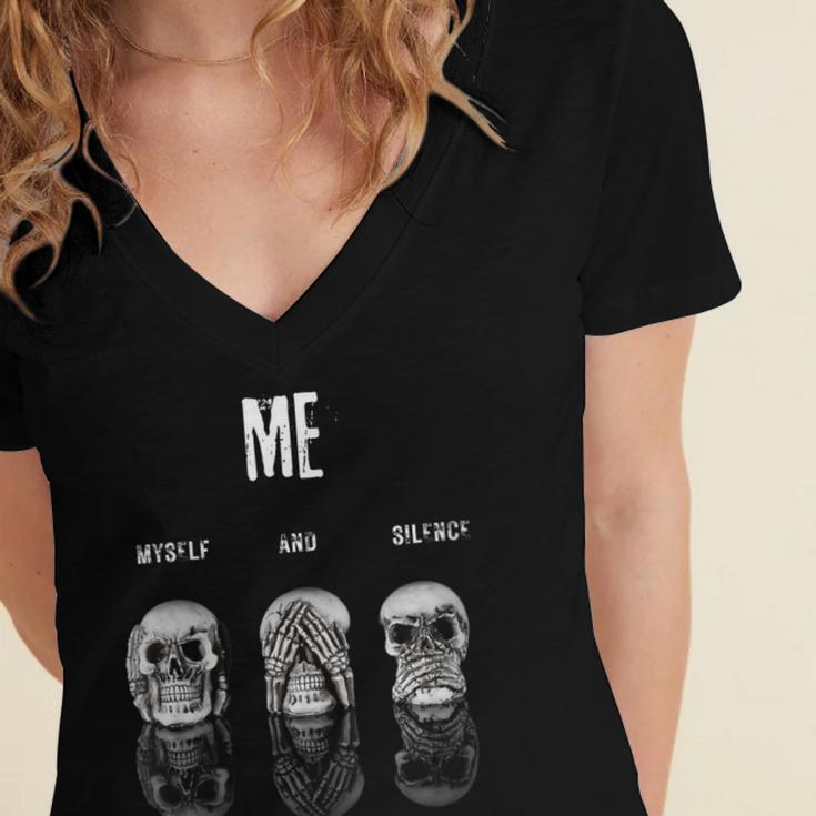 Introvert Relaxation Me Myself And Silence Skulls Women's Jersey Short Sleeve Deep V-Neck Tshirt