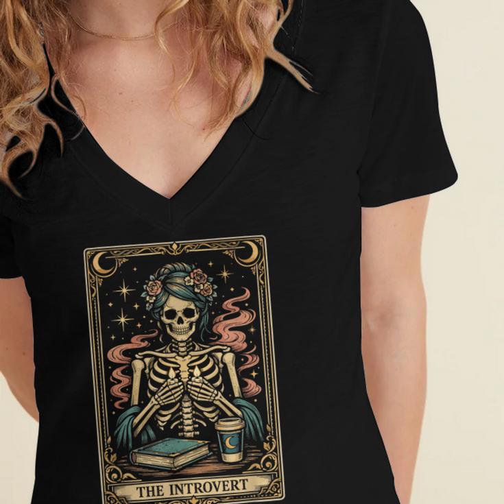 The Introvert Skeleton Tarot Card Coffee Book Lover Women's Jersey Short Sleeve Deep V-Neck Tshirt The Introvert Skeleton Tarot Card Coffee Book Lover Women's Jersey Short Sleeve Deep V-Neck Tshirt
