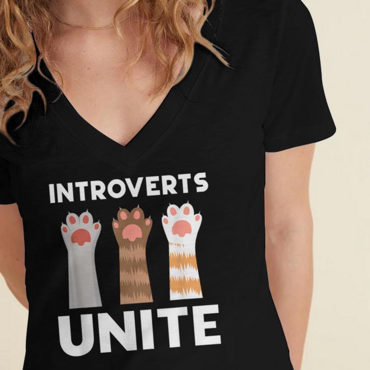Introvert Unite Kitty Paws Raise Introverted Gathering Women's Jersey Short Sleeve Deep V-Neck Tshirt