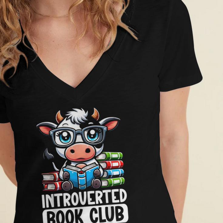 Introverted Book Club Reading Lover Cow Women's Jersey Short Sleeve Deep V-Neck Tshirt