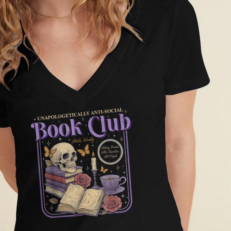 Introverted Romance Unapologetically Anti-Social Book Club Women's Jersey Short Sleeve Deep V-Neck Tshirt