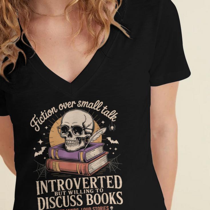 Introverted But Willing To Discuss Books Cozy Aesthetic Women's Jersey Short Sleeve Deep V-Neck Tshirt
