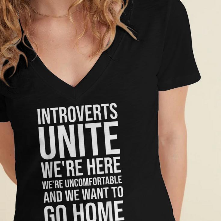 Introverts Unite We'Re Here We'Re Uncomfortable Women's Jersey Short Sleeve Deep V-Neck Tshirt Introverts Unite We'Re Here We'Re Uncomfortable Women's Jersey Short Sleeve Deep V-Neck Tshirt