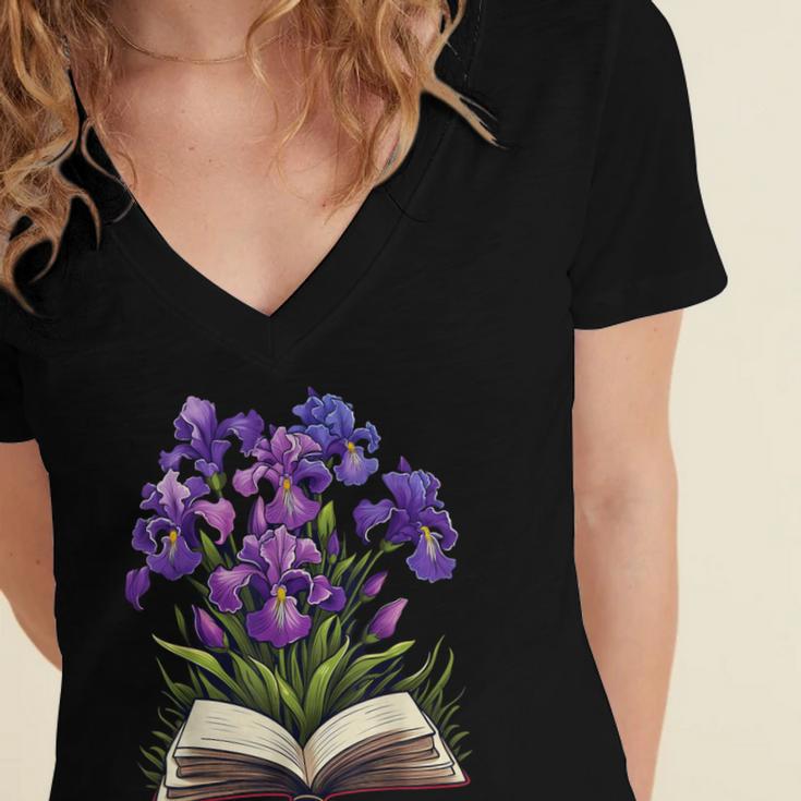 Irises Flowers Book Iris Floral Women's Jersey Short Sleeve Deep V-Neck Tshirt
