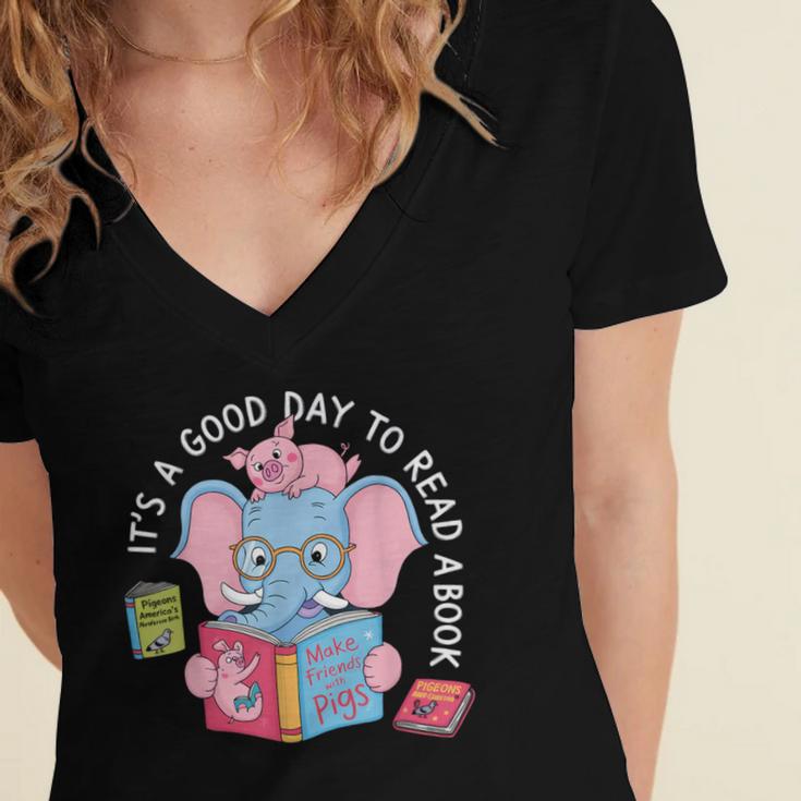 Its A Good Day To Read A Book Cute Elephant And Pig Edition Women's Jersey Short Sleeve Deep V-Neck Tshirt Its A Good Day To Read A Book Cute Elephant And Pig Edition Women's Jersey Short Sleeve Deep V-Neck Tshirt