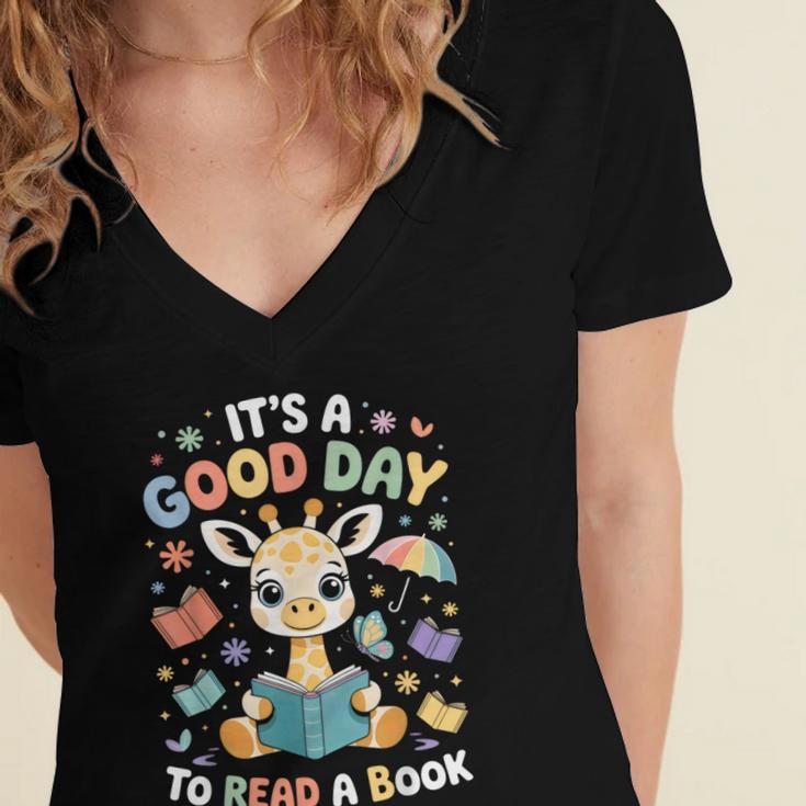It's a Good Day To Read a Book Cute Giraffe Women's Jersey Short Sleeve Deep V-Neck Tshirt