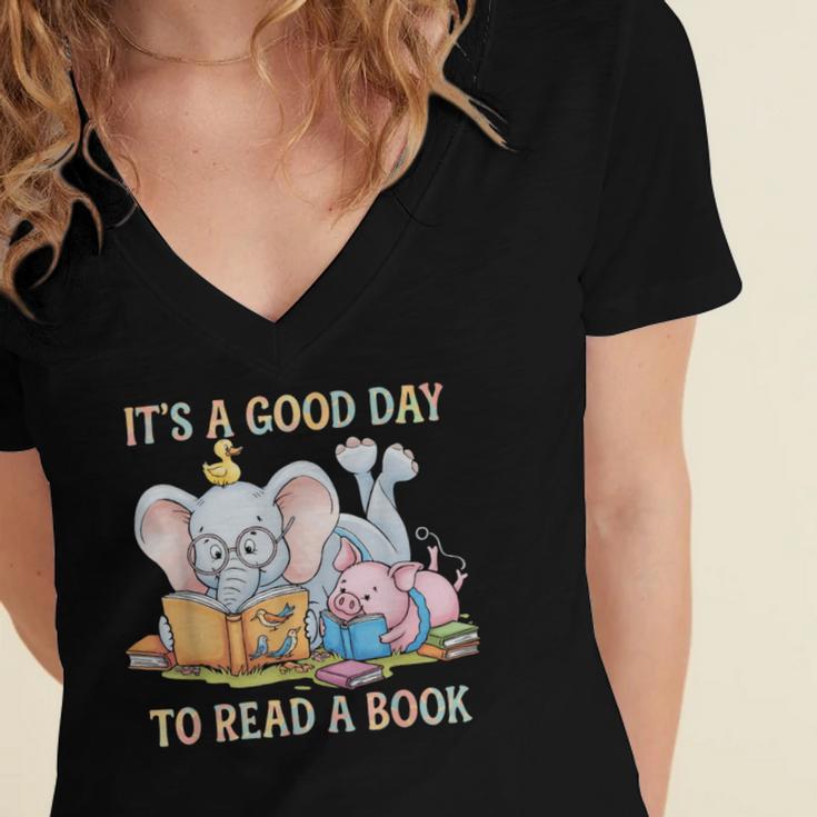 Its A Good Day To Read A Book Cute Pig & Elephant Adventure Women's Jersey Short Sleeve Deep V-Neck Tshirt