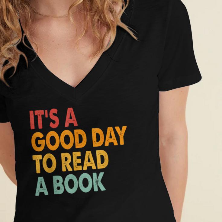 It's A Good Day To Read A Book Retro Vintage Teacher Women's Jersey Short Sleeve Deep V-Neck Tshirt
