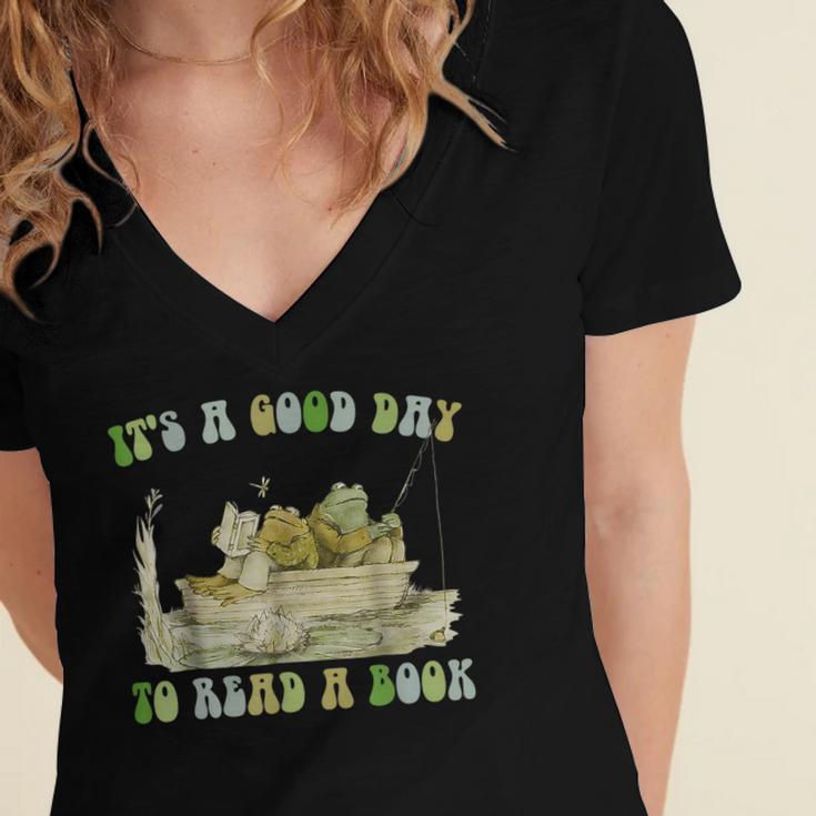 It's A Good Day To Read A Book Shirt Frog Reading Book Women's Jersey Short Sleeve Deep V-Neck Tshirt