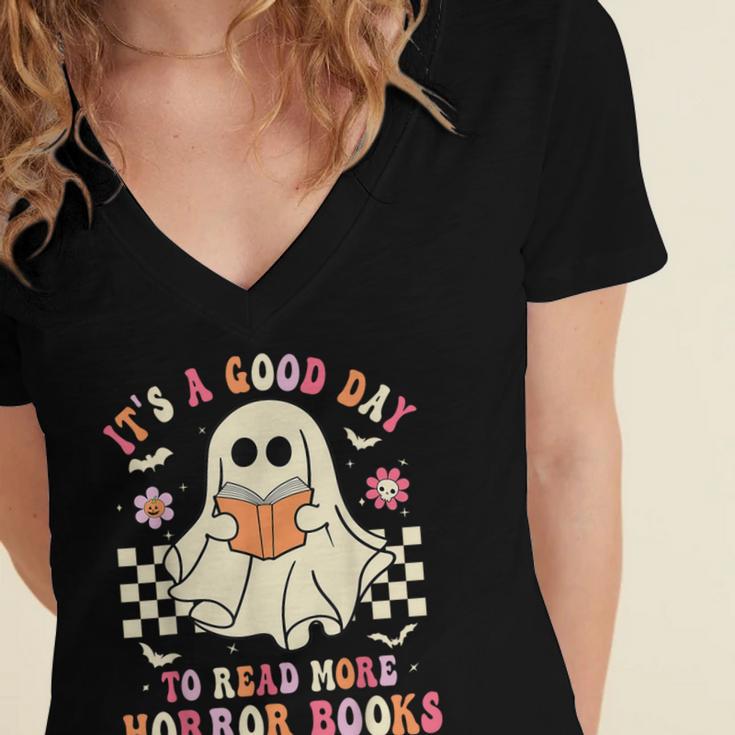 It's A Good Day To Read More Horror Books Halloween Women's Jersey Short Sleeve Deep V-Neck Tshirt