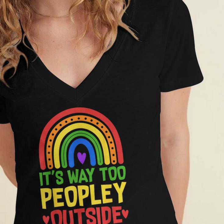 It's Way Too Peopley Outside Anti Social Introvert Women's Jersey Short Sleeve Deep V-Neck Tshirt