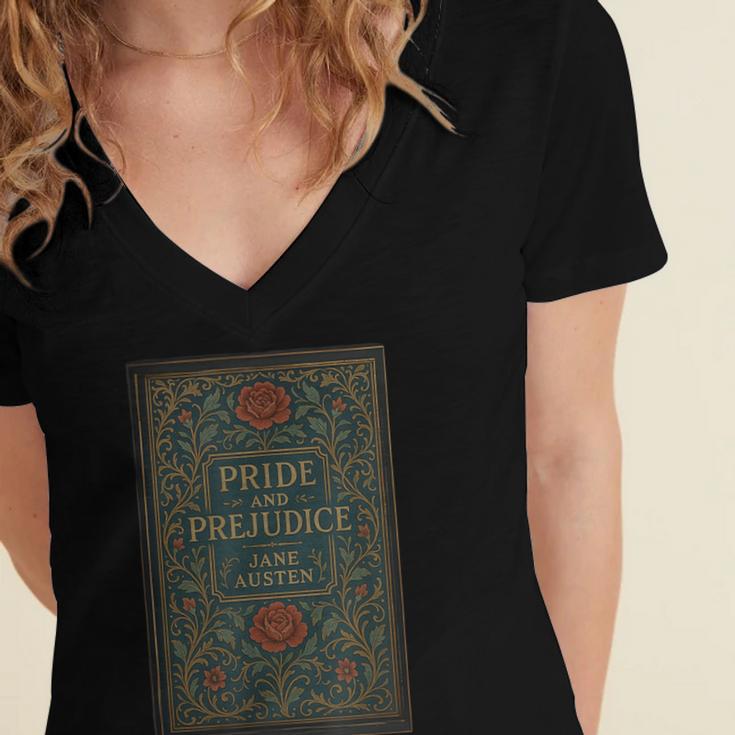 Jane Austen Pride And Prejudice Cover Mr Darcy Book Lovers Women's Jersey Short Sleeve Deep V-Neck Tshirt