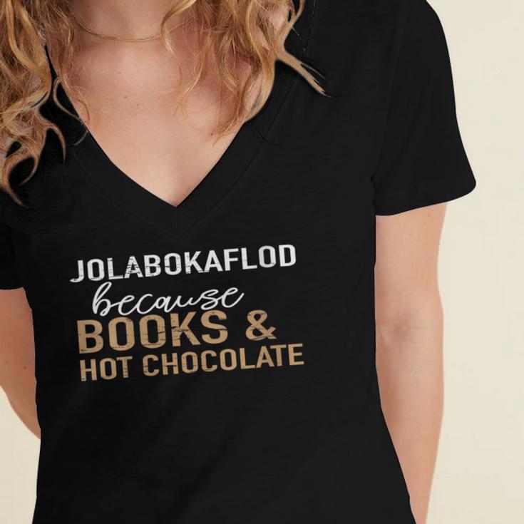 Jolabokaflod Because Books And Hot Chocolate Women's Jersey Short Sleeve Deep V-Neck Tshirt Jolabokaflod Because Books And Hot Chocolate Women's Jersey Short Sleeve Deep V-Neck Tshirt
