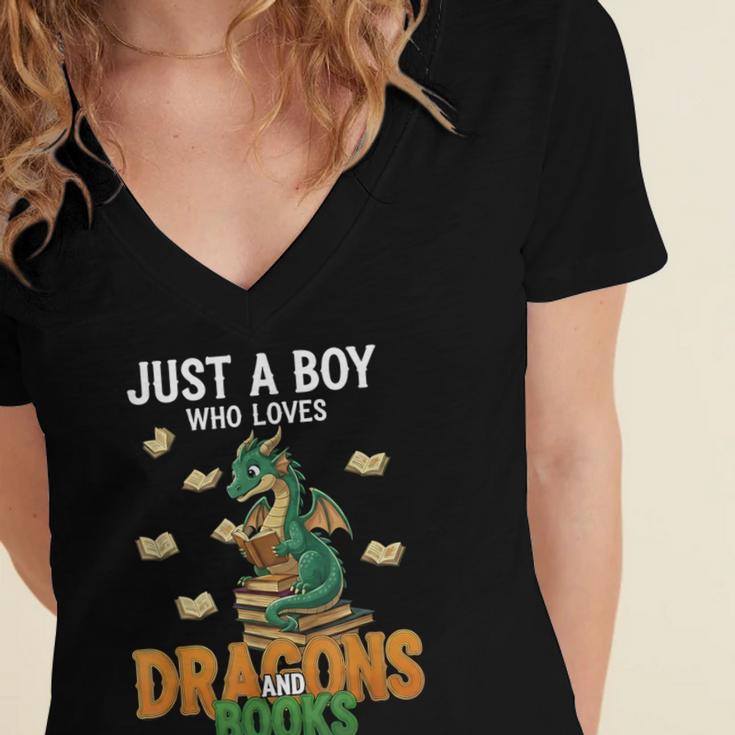 Just a Boy Who Loves Dragons And Books Reading Dragon Women's Jersey Short Sleeve Deep V-Neck Tshirt