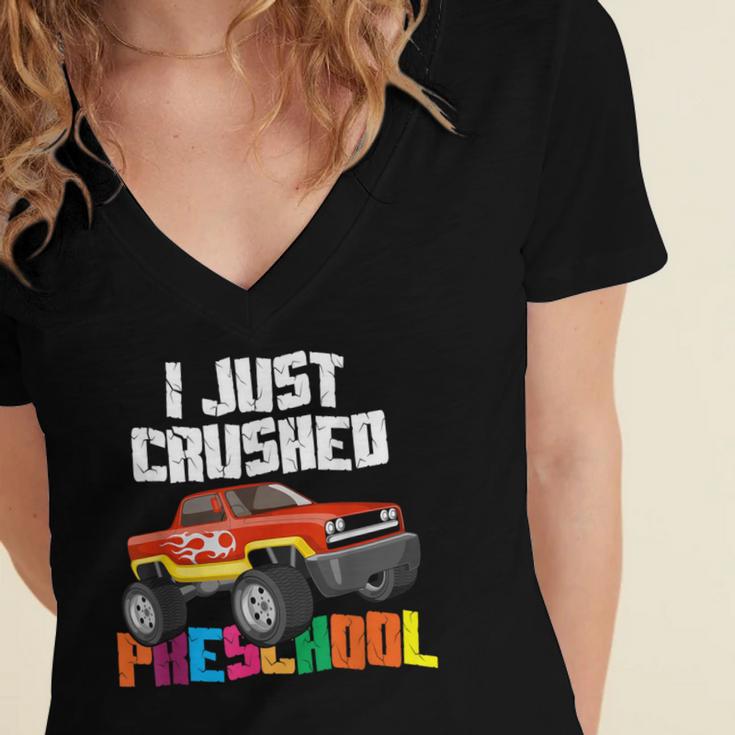 I Just Crushed Preschool Monster Truck Graduation Women's Jersey Short Sleeve Deep V-Neck Tshirt